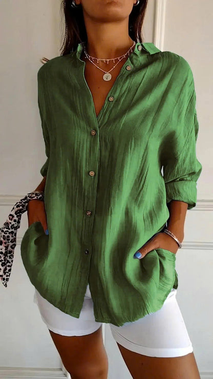 Classic Pleated Textured Single-Breasted Lapel Shirt for Women
