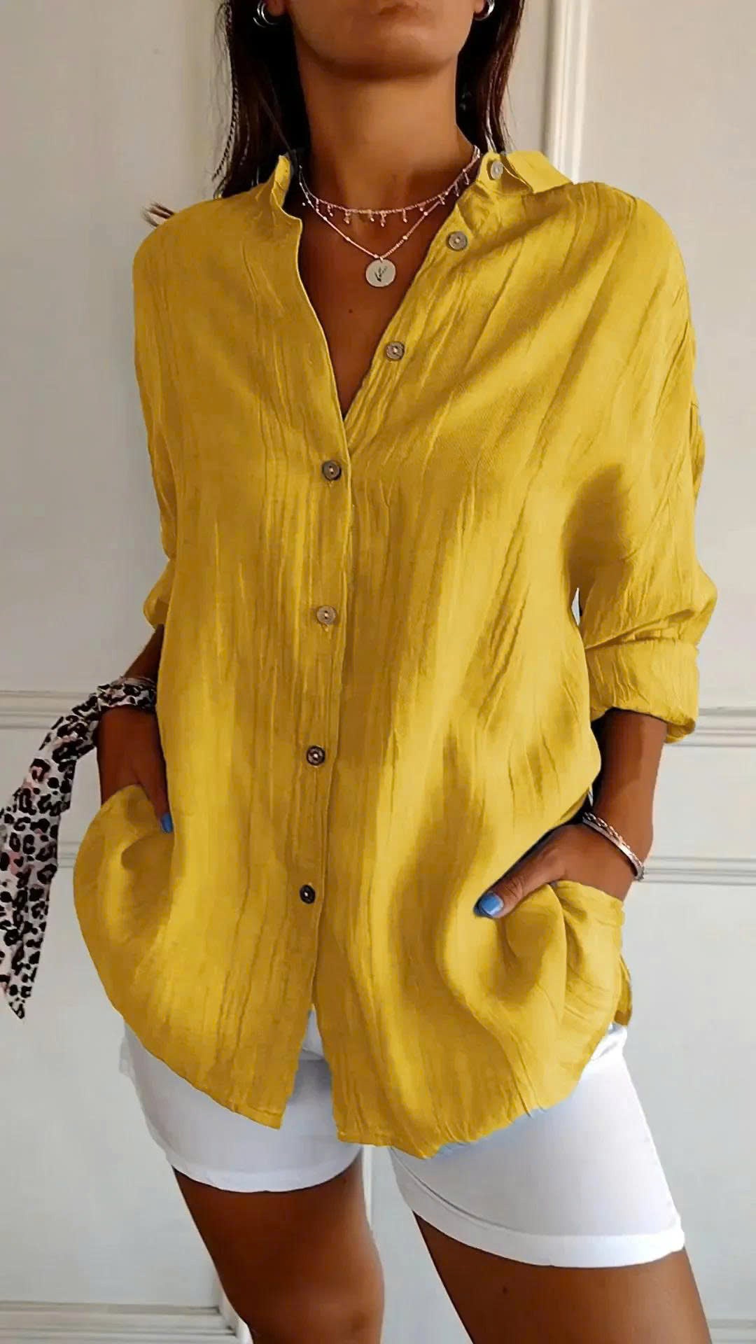 Classic Pleated Textured Single-Breasted Lapel Shirt for Women