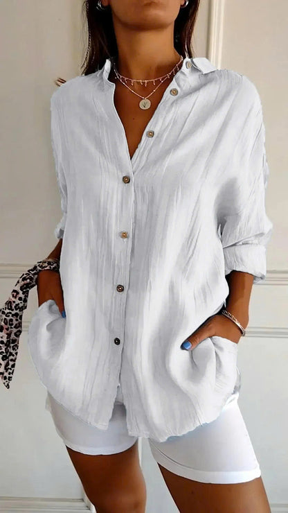 Classic Pleated Textured Single-Breasted Lapel Shirt for Women