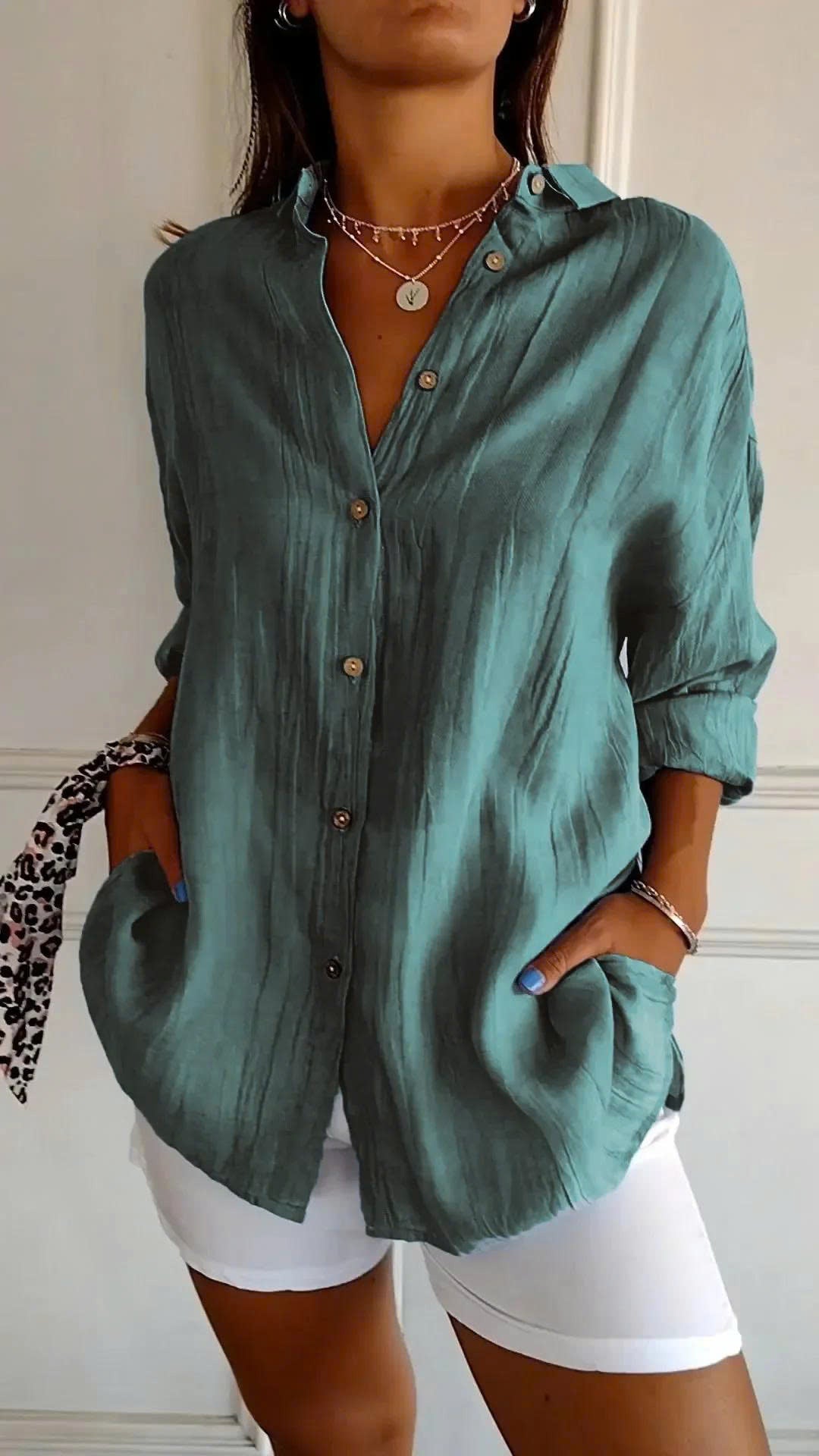 Classic Pleated Textured Single-Breasted Lapel Shirt for Women