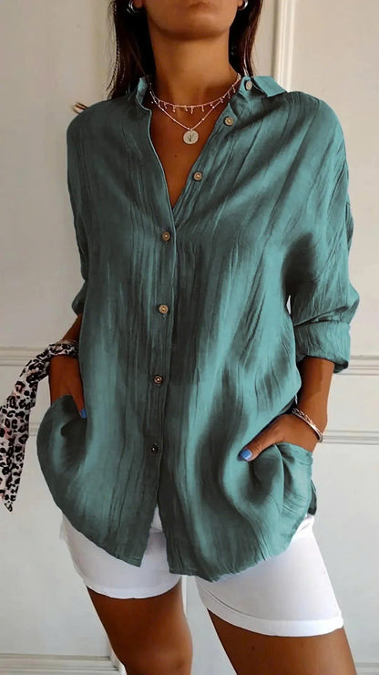 Classic Pleated Textured Single-Breasted Lapel Shirt for Women